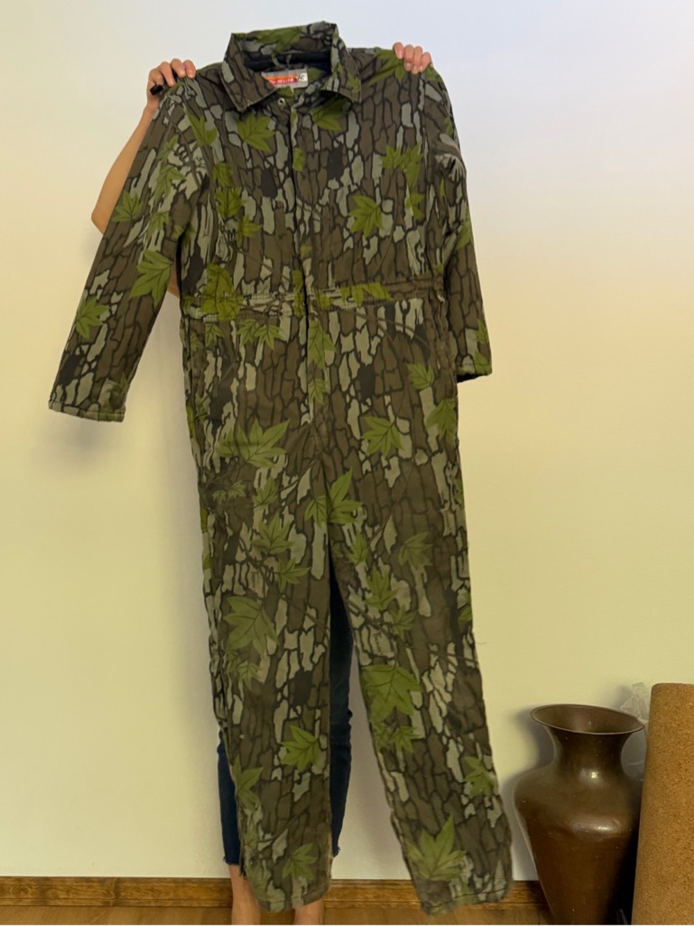 Vintage Winchester Camp Insulated Men's Olive Green Leaf-Print Jumpsuit